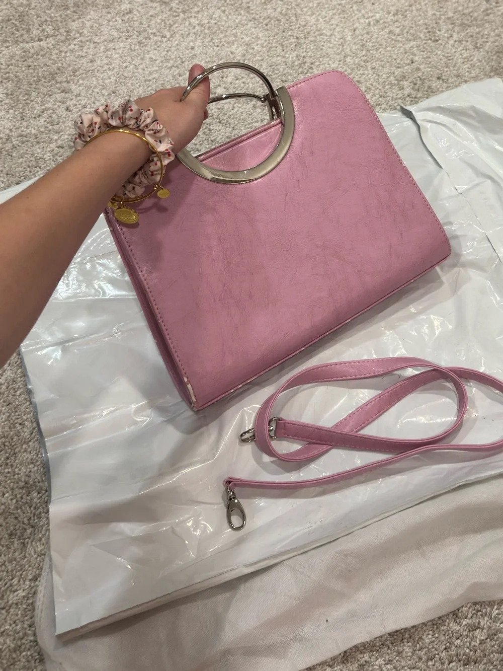 Vintage Mauve Pink Retro 70s Art Deco Mod Convertible Ring-Handle Tote + Strap